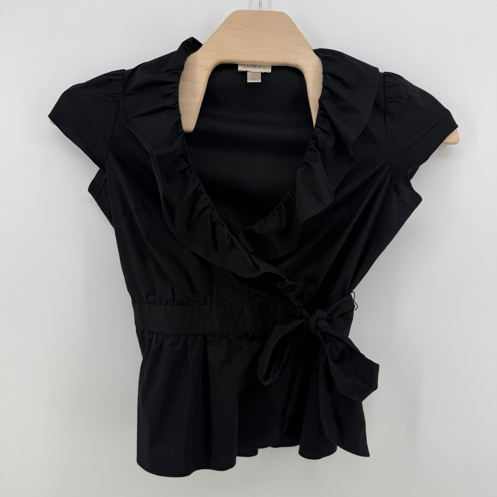 Ann Taylor LOFT Black Ruffle V-Neck Wrap Tie Waist Peplum Blouse Top Womens Med
